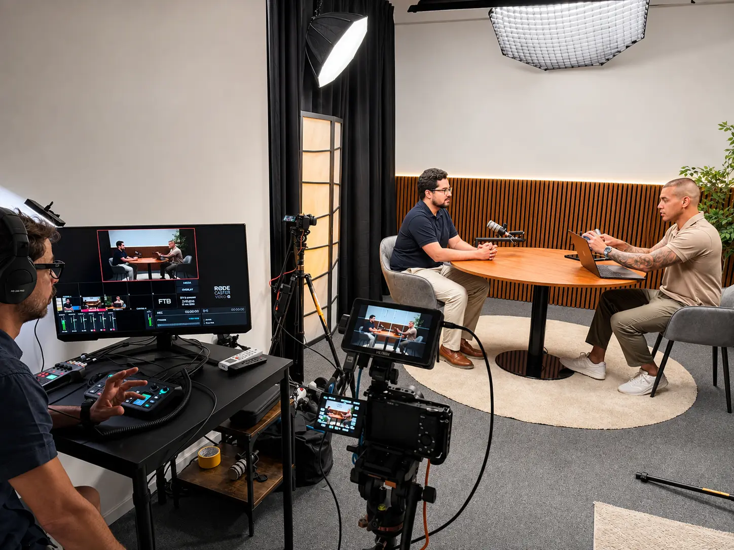 Estúdio FRAMERA com set de gravação multi-câmara e equipa em produção
