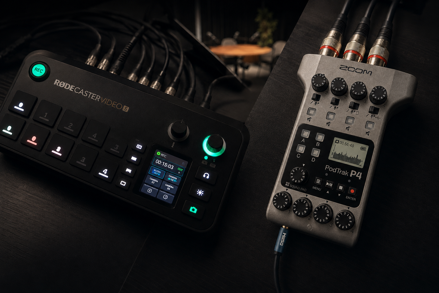 Set de podcast com quatro microfones
